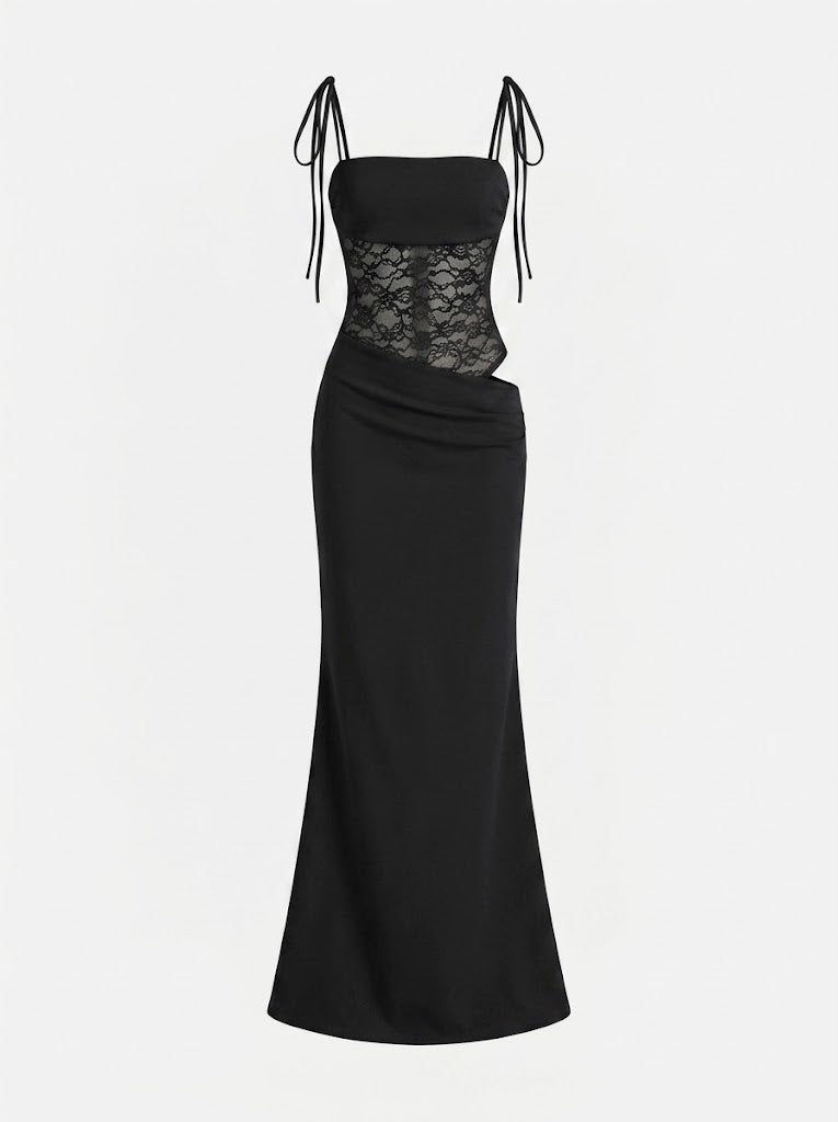 Women’s Lace-Panel Maxi Dress – Strappy Fitted Style for Date Nights and Cocktail Events