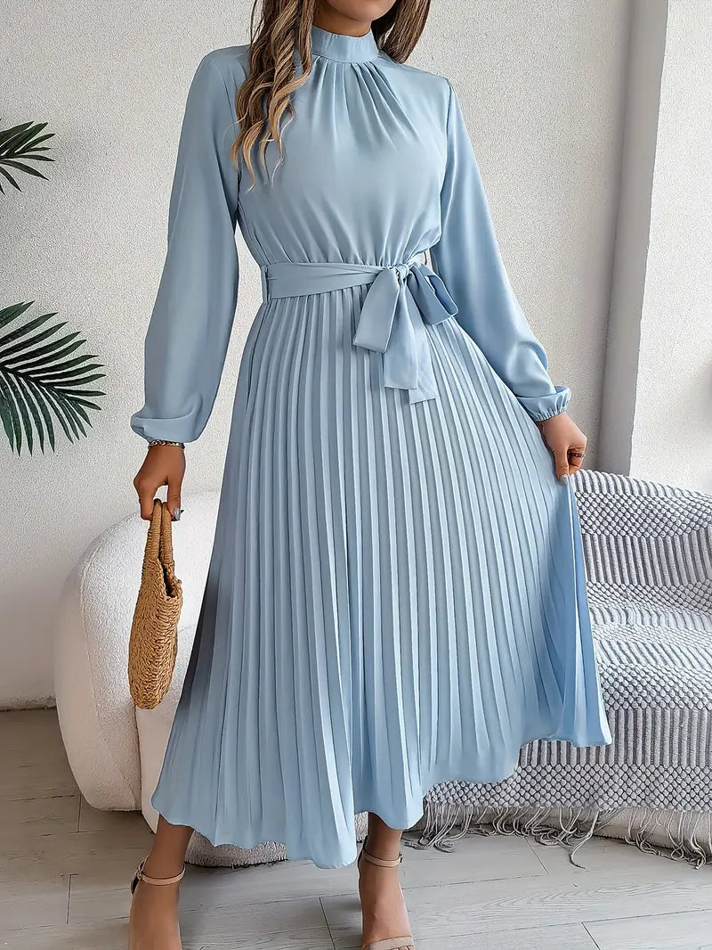 Women’s Pleated Midi Dress with High Neck Tie Waist
