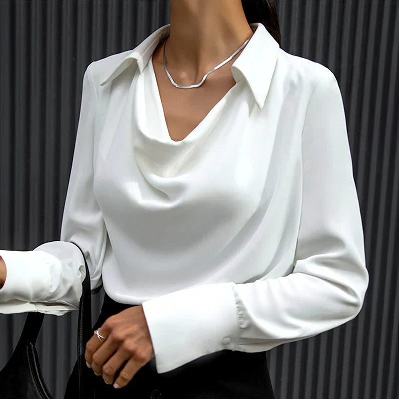 Blusa de satén para mujer con escote drapeado y mangas largas