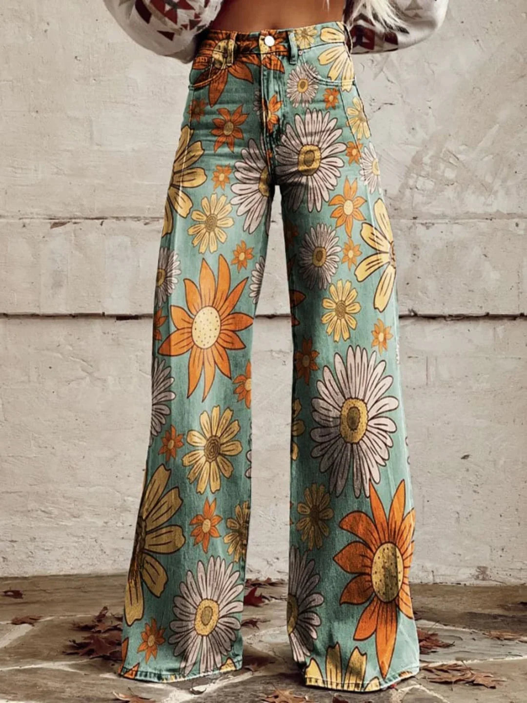 Damejeans med bred ben og høj talje med print