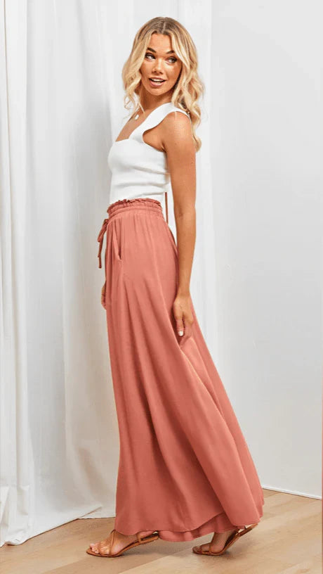 Pantaloni da donna a gamba larga con coulisse e caduta morbida