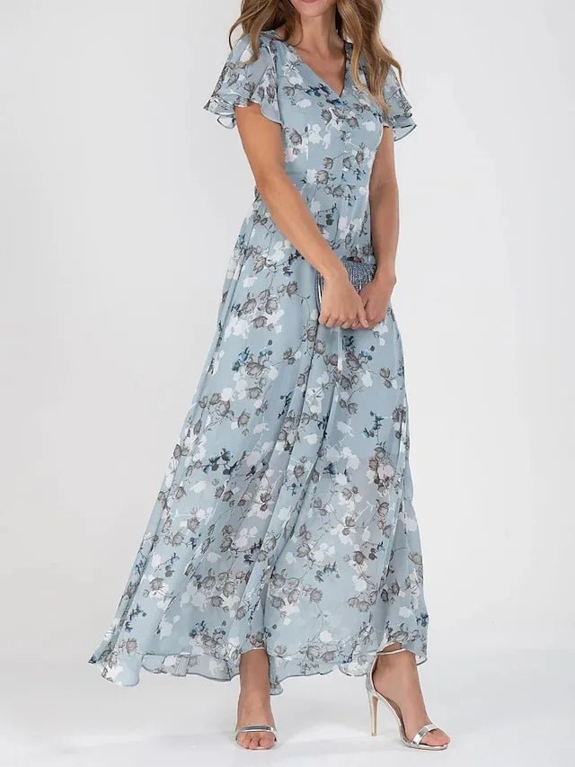 Women’s Printed Maxi Dress with Flutter Sleeves and V-Neck – Flowing A-Line Style for Summer Occasions