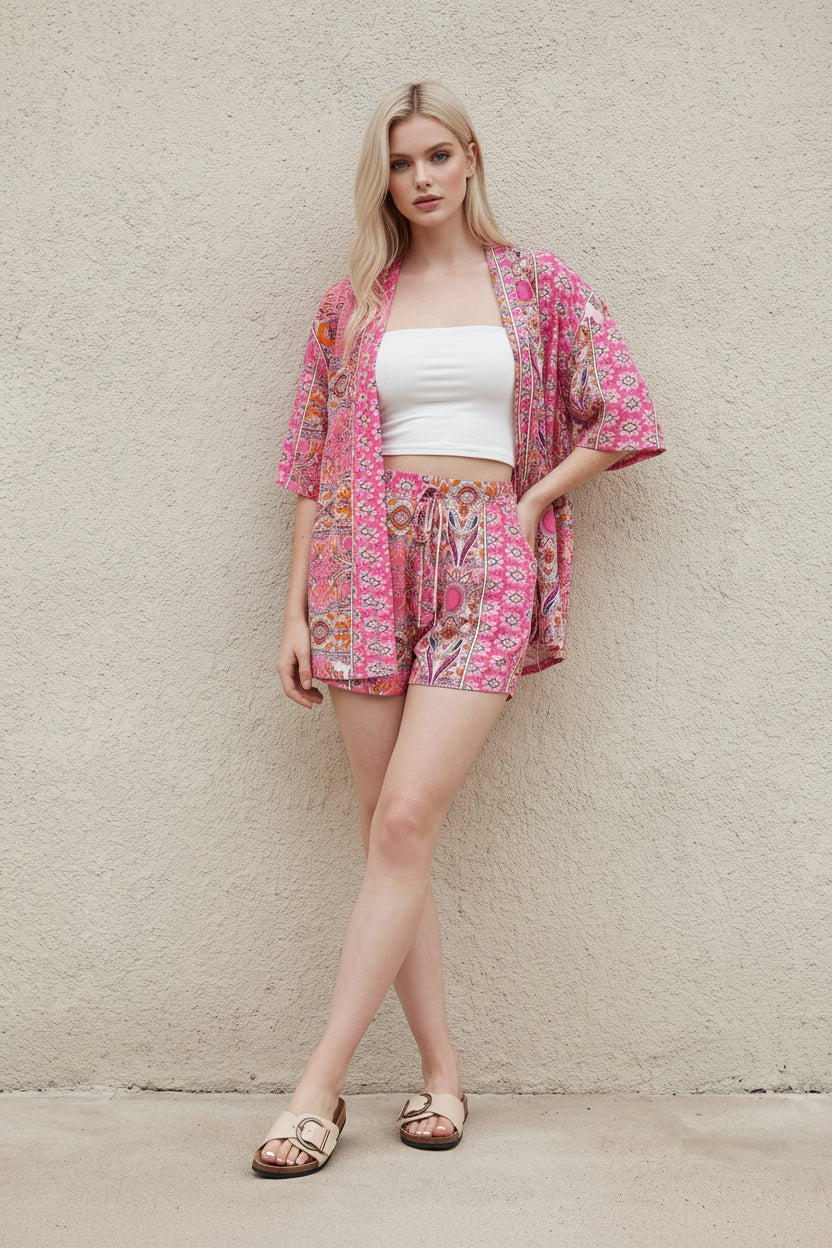Women’s Printed Kimono Blouse and Shorts Set