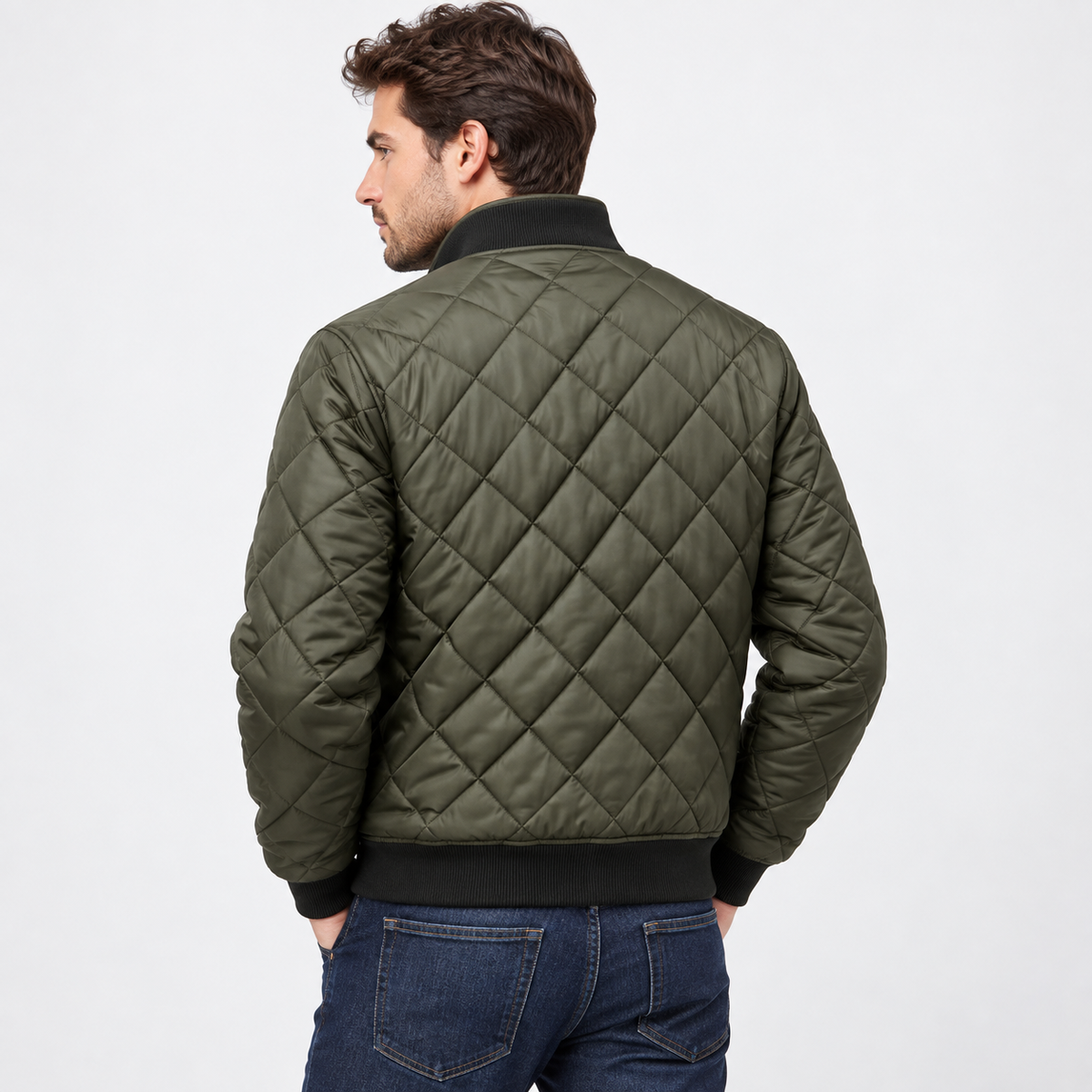 Chaqueta bomber acolchada de hombre - Prenda con costuras de rombos y cuello alto para vestir de manera informal en otoño e invierno