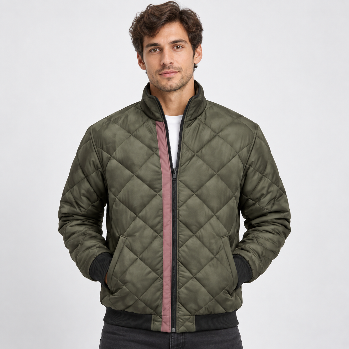 Chaqueta bomber acolchada de hombre - Prenda con costuras de rombos y cuello alto para vestir de manera informal en otoño e invierno