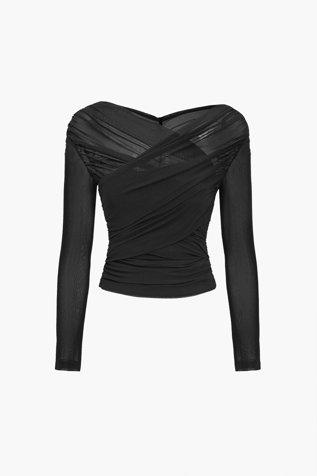 Dámský řasený zavinovací top z průsvitné síťoviny s dlouhými rukávy pro elegantní vzhled
