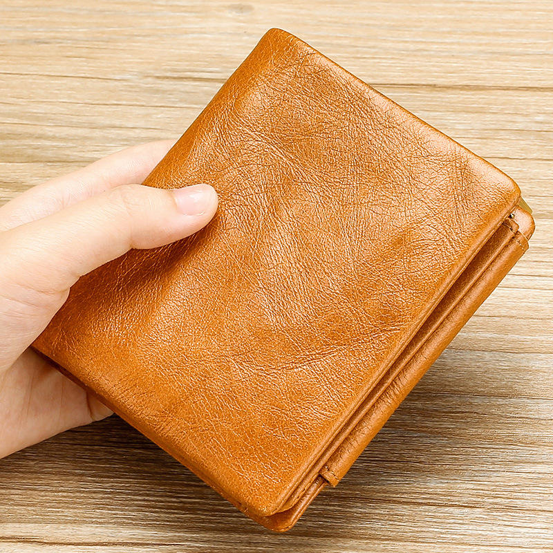 Men’s Genuine Leather RFID Trifold Wallet – Vintage Compact Wallet with Zip Coin Pocket and Card Storage
