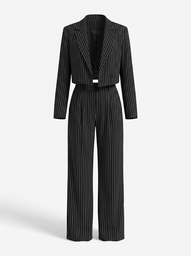 Women’s Pinstripe Trouser Co-Ord Set – Cropped Blazer with Wide-Leg Trousers for Work and Smart Casual Wear