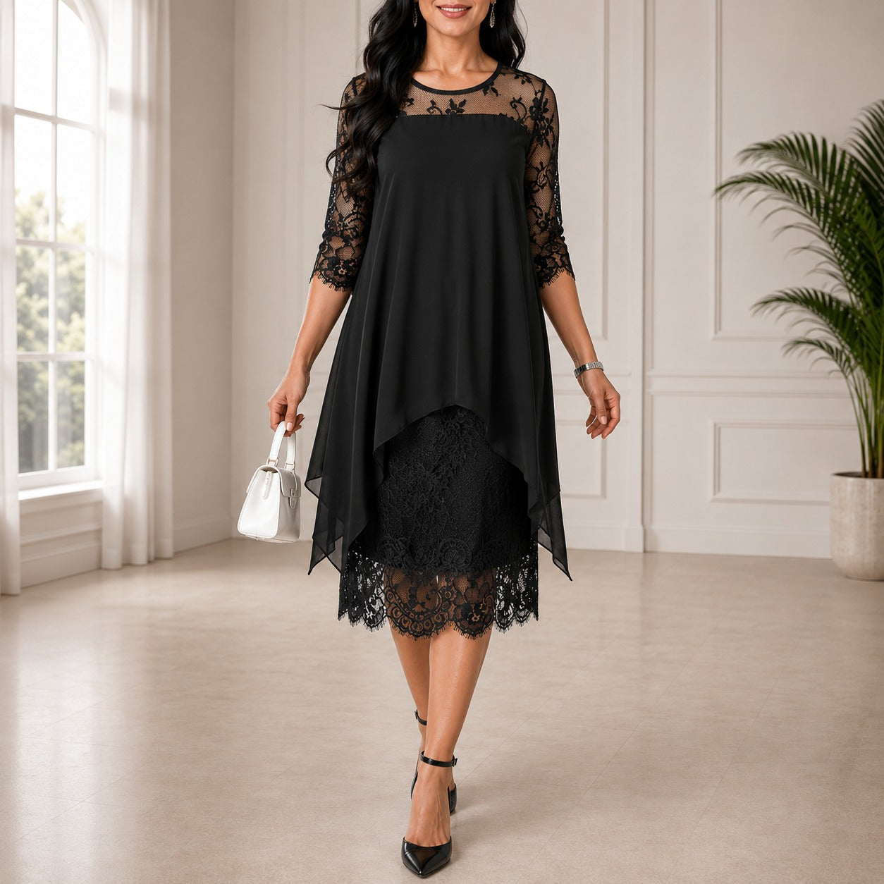 Women’s Chiffon Midi Dress – Layered Lace Evening Style for Celebrations and Events