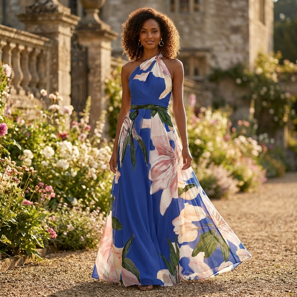 Abito lungo da donna stampato con scollo all'americana, stile asimmetrico per occasioni speciali