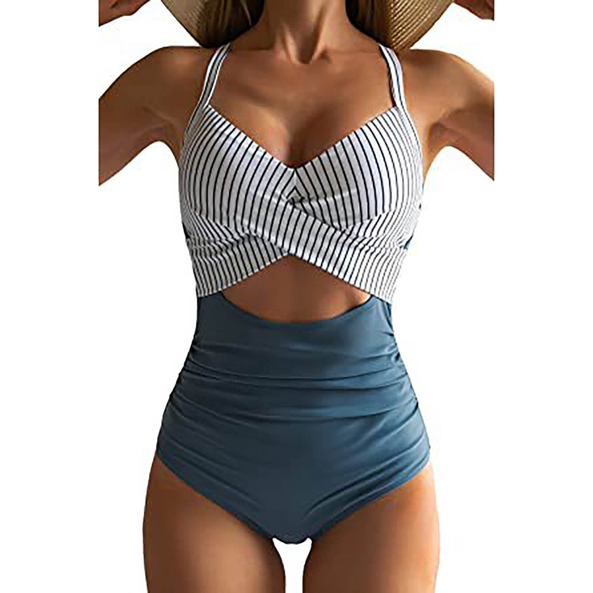 Traje de baño de mujer con abertura delantera retorcida y cintura fruncida – Bañador de una pieza con cuello halter para vacaciones en la playa
