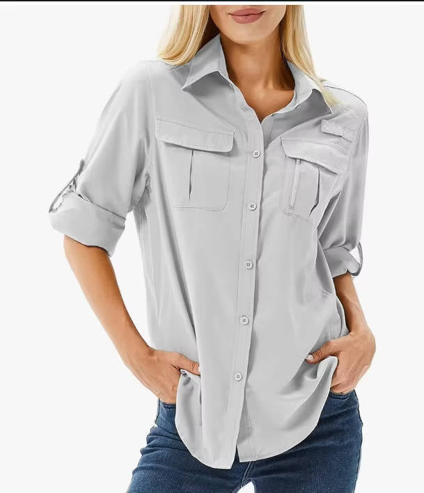 Camicia Safari da Donna con Tasche Utility e Maniche Arrotolabili