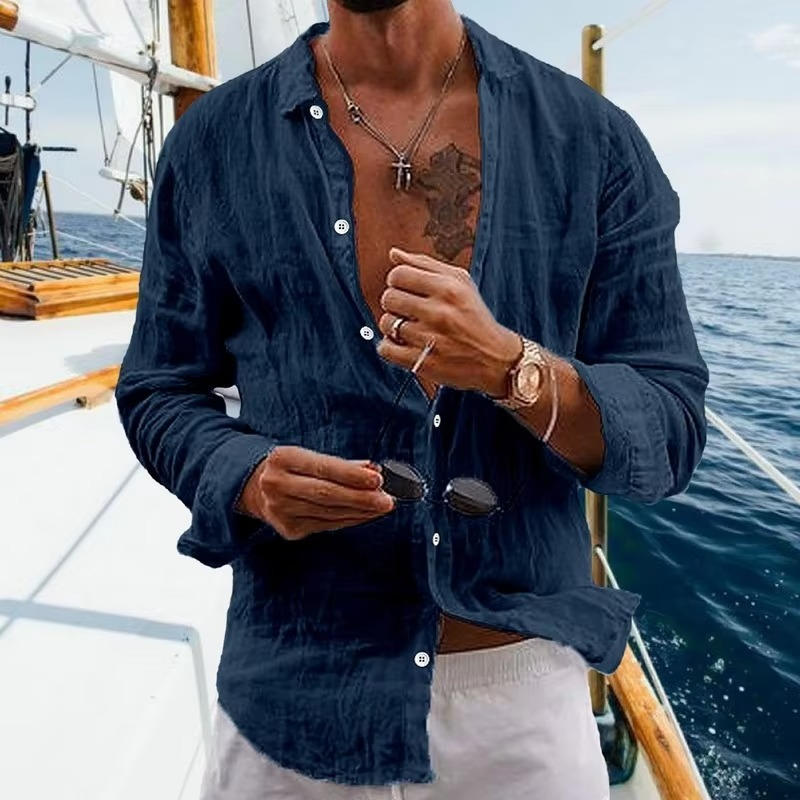 Camisa casual masculina de manga comprida com botões frontais texturizados