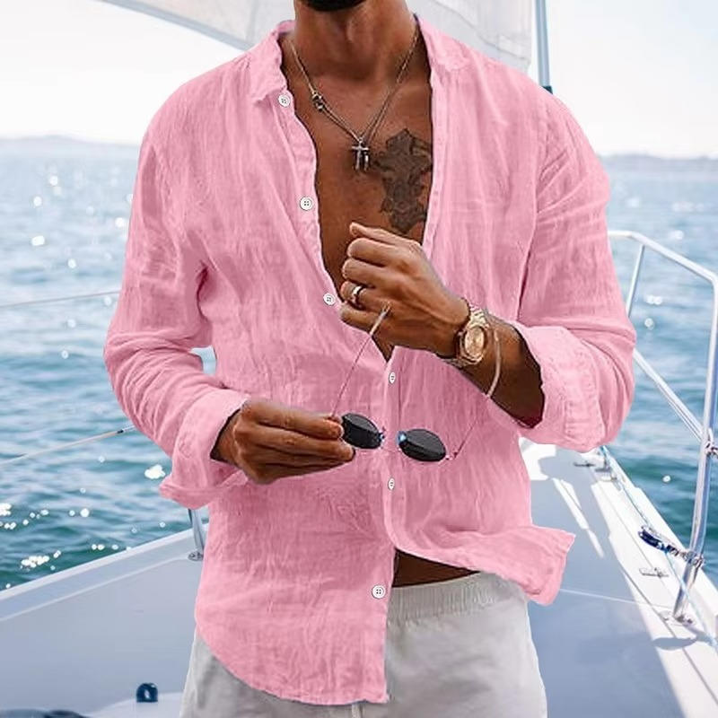 Camisa casual masculina de manga comprida com botões frontais texturizados