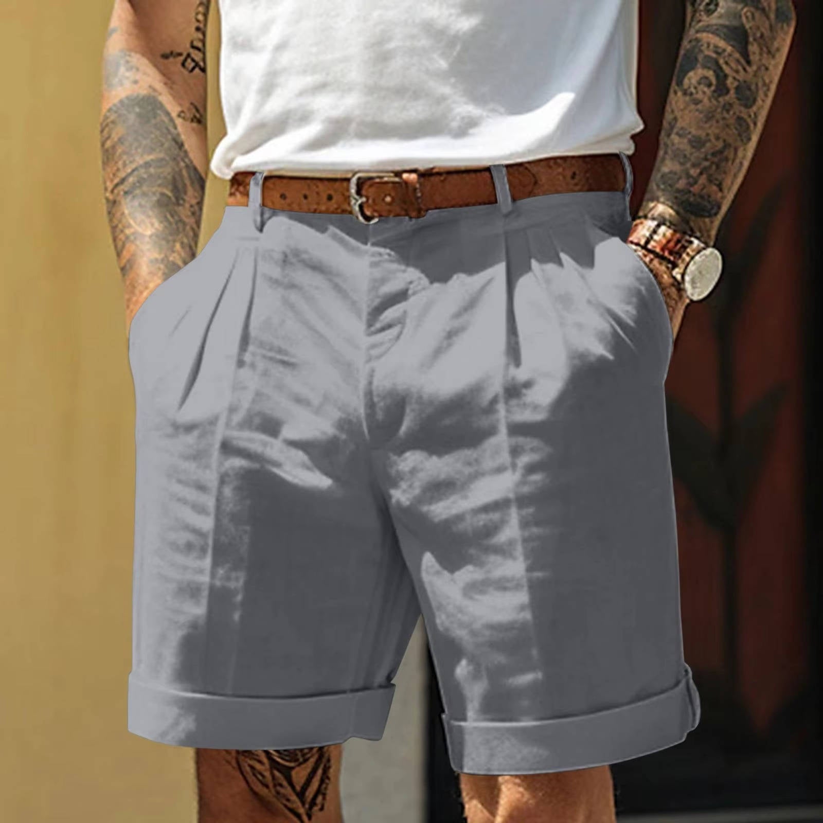 Men’s Pleated Turn-Up Hem Tailored Summer Shorts with Refined Fit