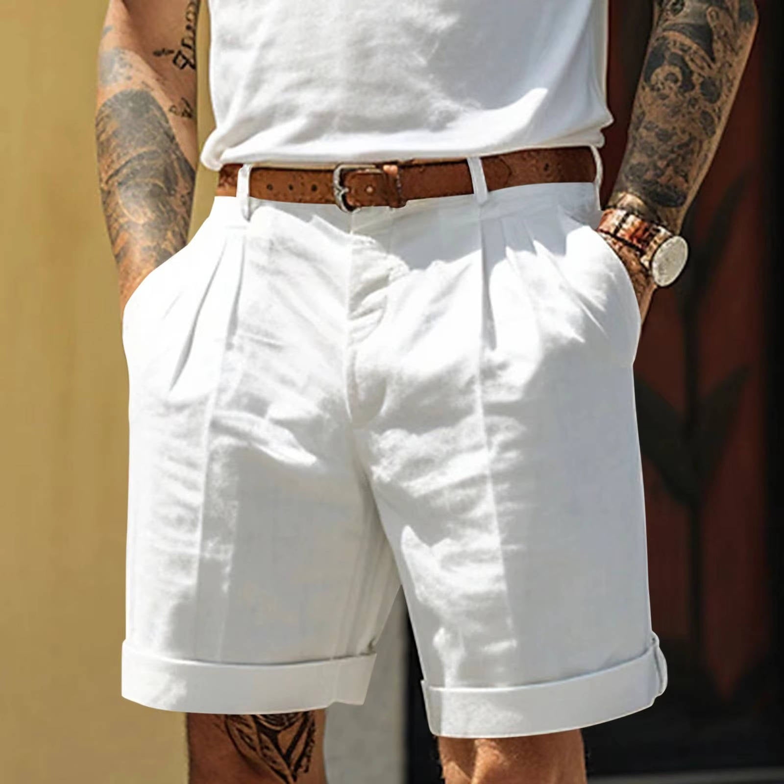 Men’s Pleated Turn-Up Hem Tailored Summer Shorts with Refined Fit
