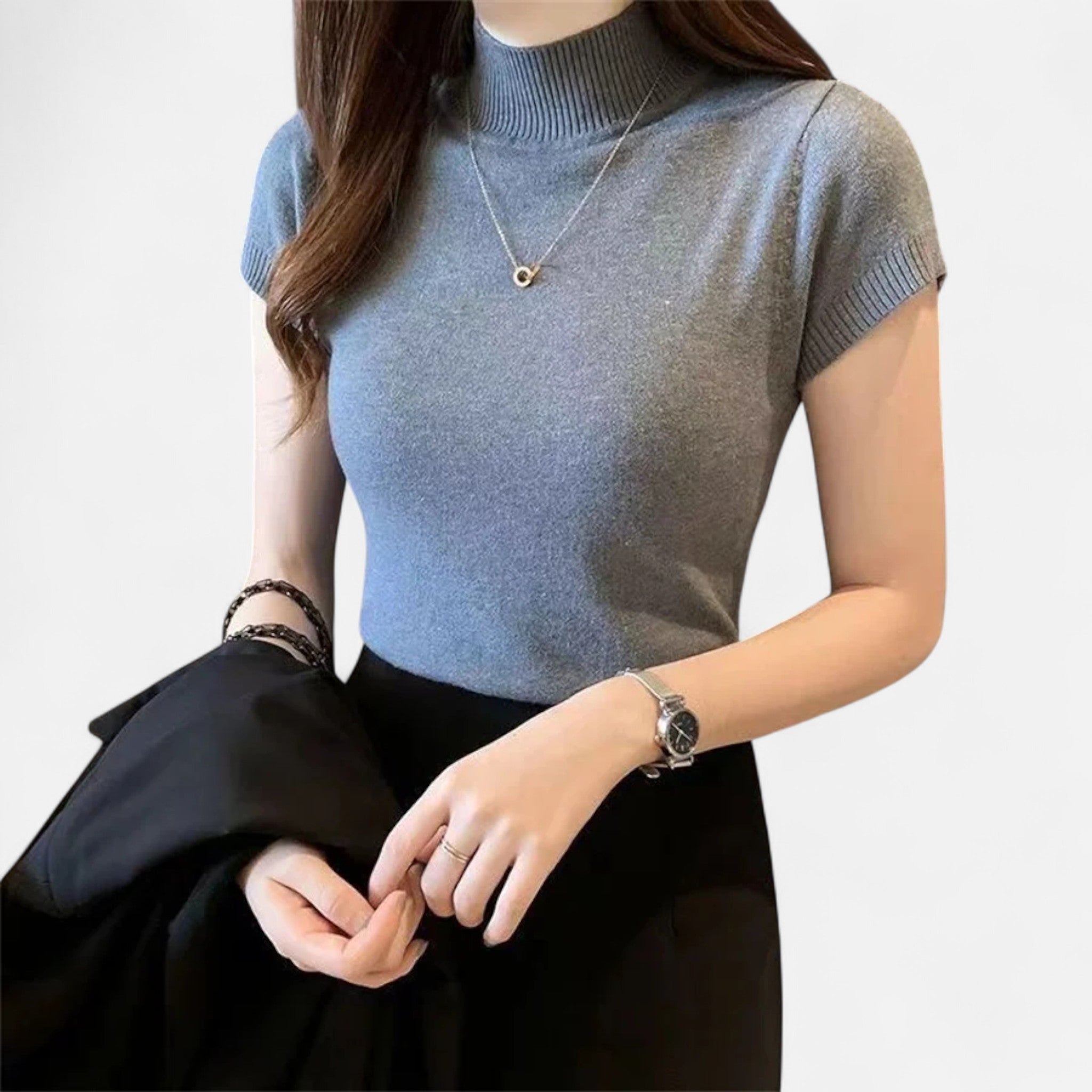 Valmonti | Women’s Knitted Blouse – Short-Sleeve Turtleneck Elegance