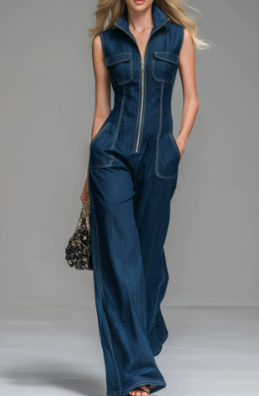 Combinaison en jean sans manches pour femme – Combinaison une pièce à jambes larges avec fermeture éclair sur le devant, idéale au quotidien
