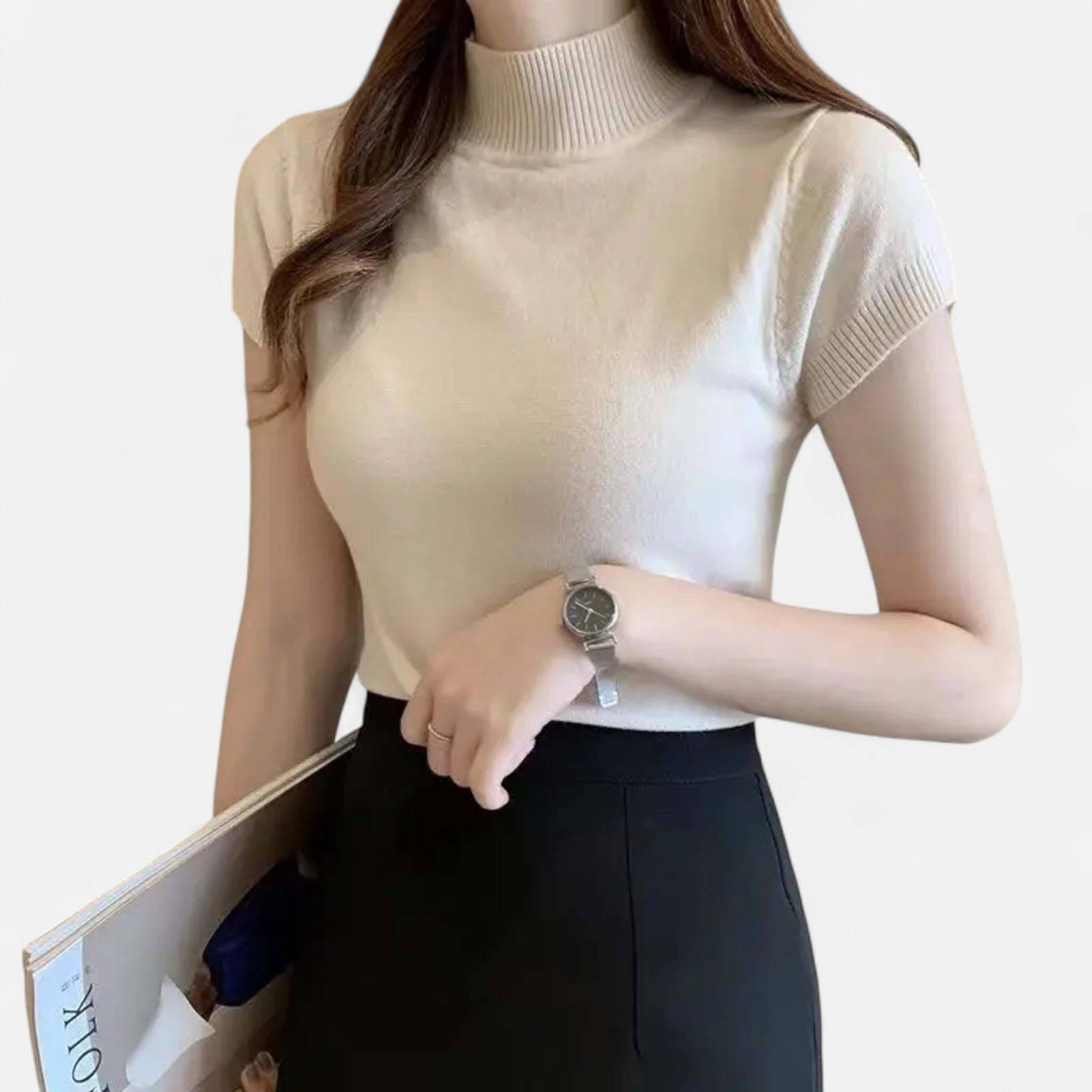 Valmonti | Women’s Knitted Blouse – Short-Sleeve Turtleneck Elegance