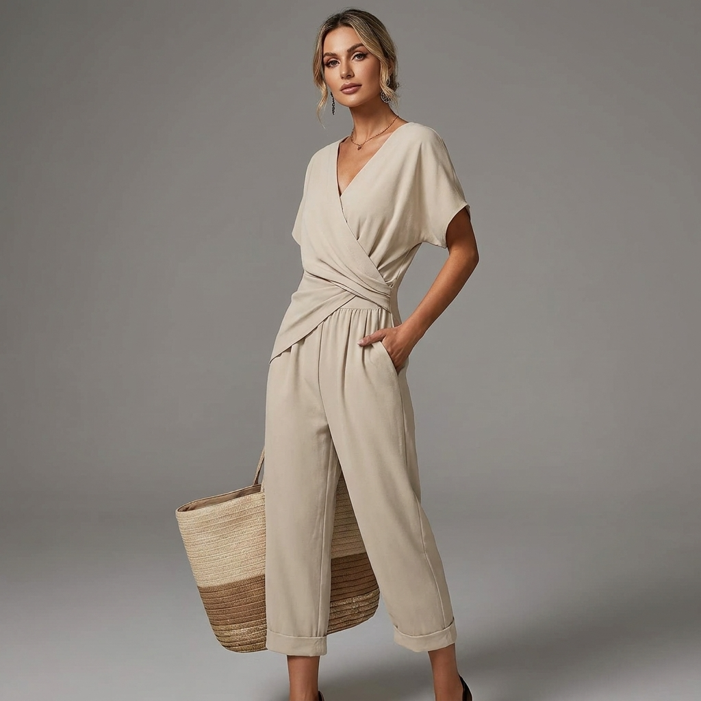 Women’s Draped V Neck Jumpsuit Relaxed Summer Outfit