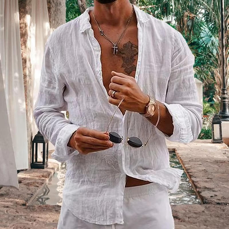 Camisa casual masculina de manga comprida com botões frontais texturizados