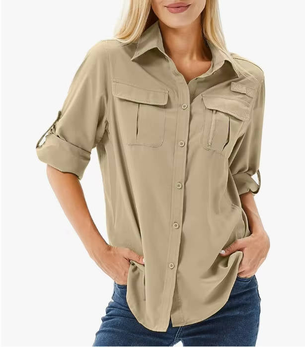 Camicia Safari da Donna con Tasche Utility e Maniche Arrotolabili