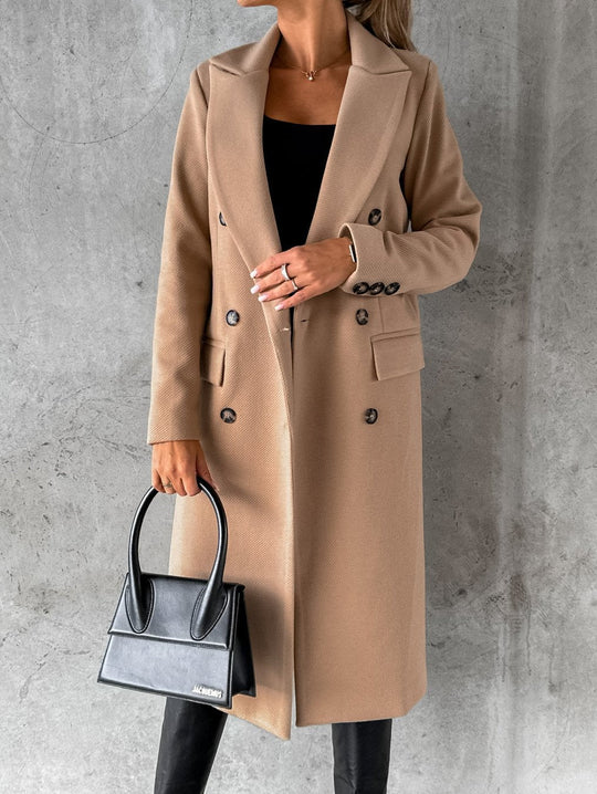 Women’s Double-Breasted Long Winter Coat – Tailored Lapel Layer for Elegant Cold-Weather Wear