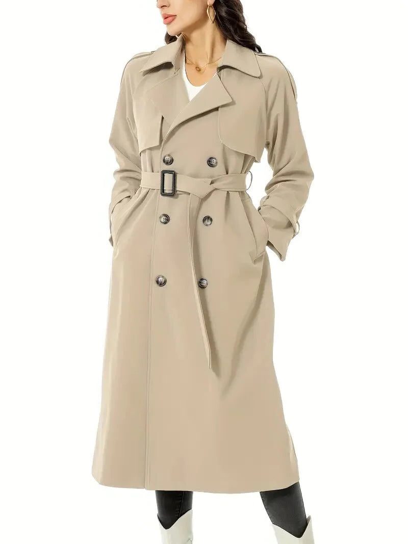 Dames trenchcoat met dubbele rij knopen – lange jas met ceintuur en brede revers voor stijlvolle seizoenslaagjes