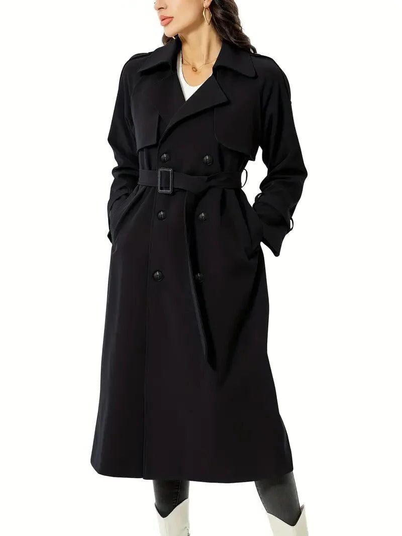 Dames trenchcoat met dubbele rij knopen – lange jas met ceintuur en brede revers voor stijlvolle seizoenslaagjes