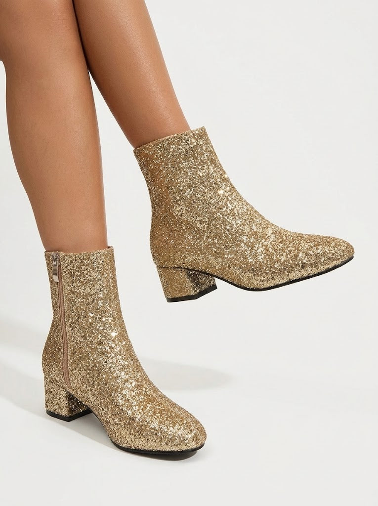Women’s Glitter Ankle Boots – Pointed-Toe Block Heel Style for Parties and Evening Wear