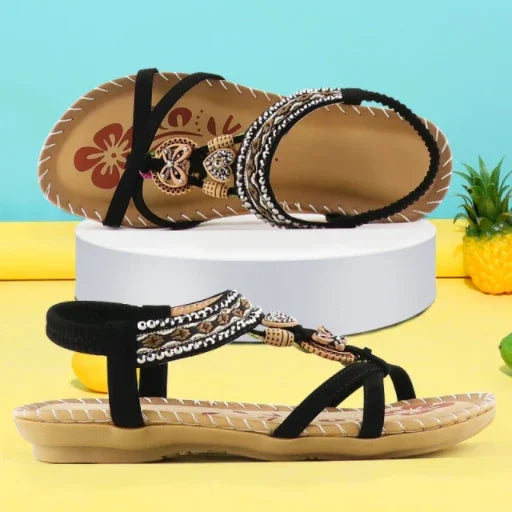 Sandálias rasas boémias de mulher com tiras no tornozelo - Estilo confortável de biqueira aberta para férias de verão e passeios informais