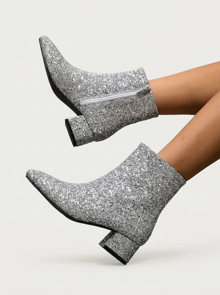 Women’s Glitter Ankle Boots – Pointed-Toe Block Heel Style for Parties and Evening Wear