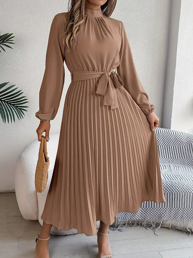 Women’s Pleated Midi Dress with High Neck Tie Waist