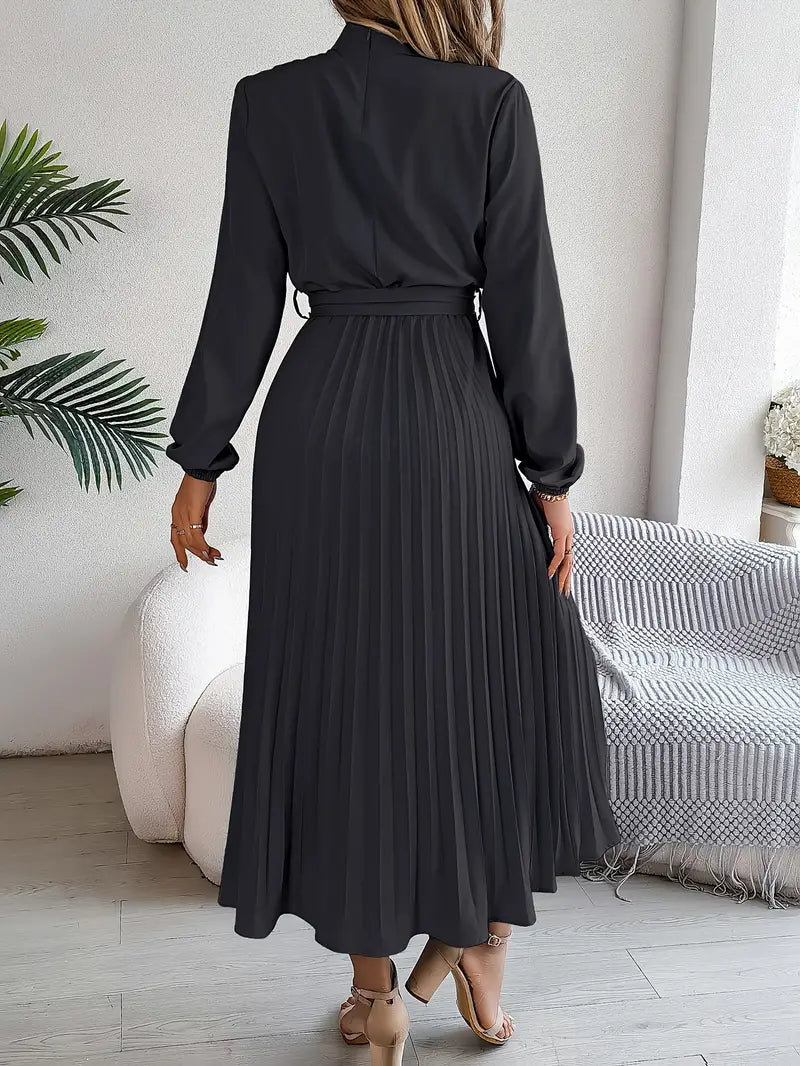 Women’s Pleated Midi Dress with High Neck Tie Waist