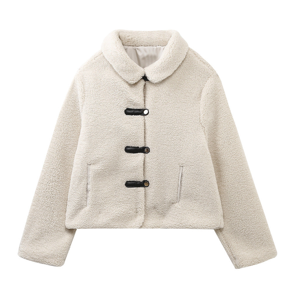 Casaco de lã polar macia estilo teddy para mulher, com fechos de gancho e gola subida - casaco curto de inverno quente e macio para o dia a dia casual