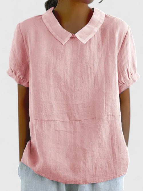 Afslappet bluse med korte ærmer til kvinder – casual pullover-top med krave og tekstureret stof til forår og sommer