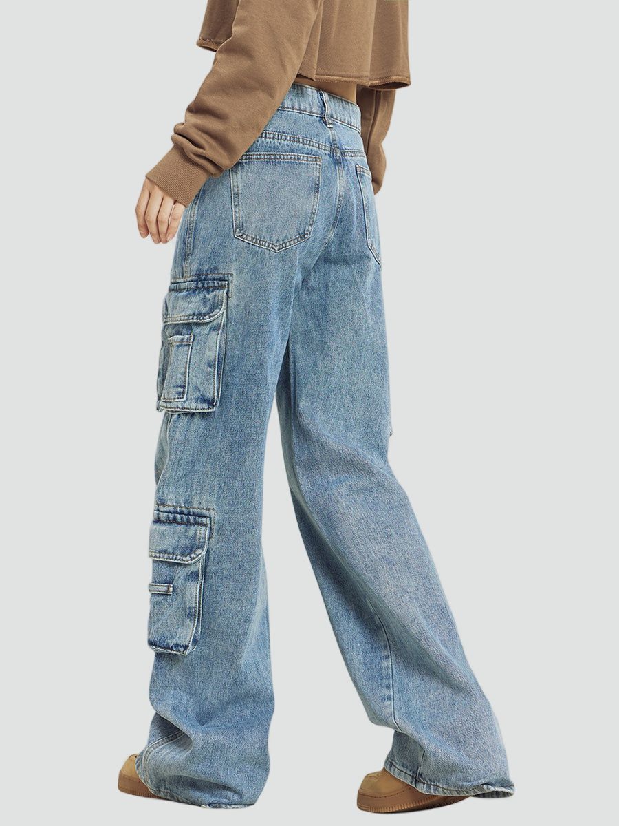 Jeans cargo da donna a gamba larga con tasche utility