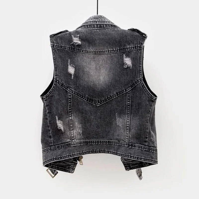 Gilet de motard en denim de coton pour homme – couche sans manches effet usé avec fermeture éclair asymétrique et ceinture réglable