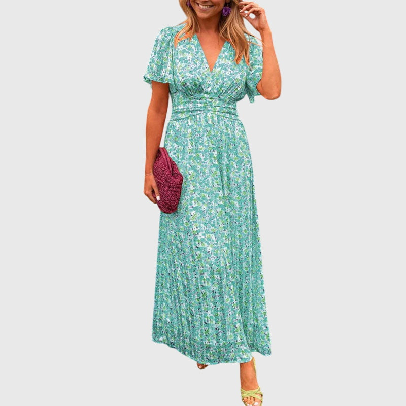 Women’s Printed Maxi Dress – Flowing Short-Sleeve Style for Summer Holidays and Garden Parties