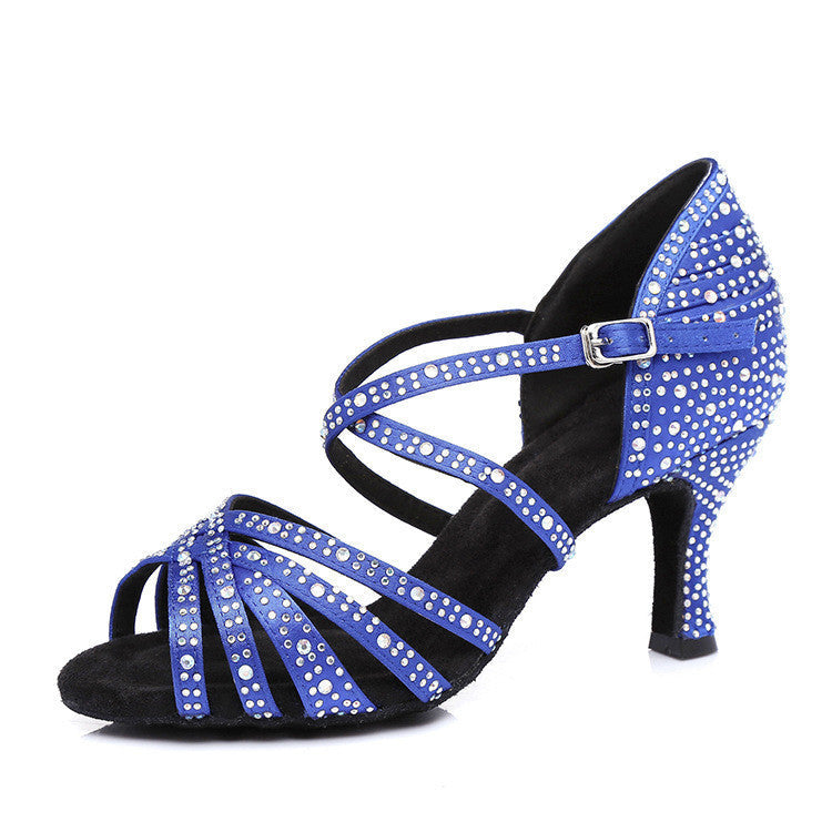 Women’s Rhinestone Latin Dance Sandals – Strappy Mid-Heel Ballroom Shoes for Salsa Performance and Evening Events