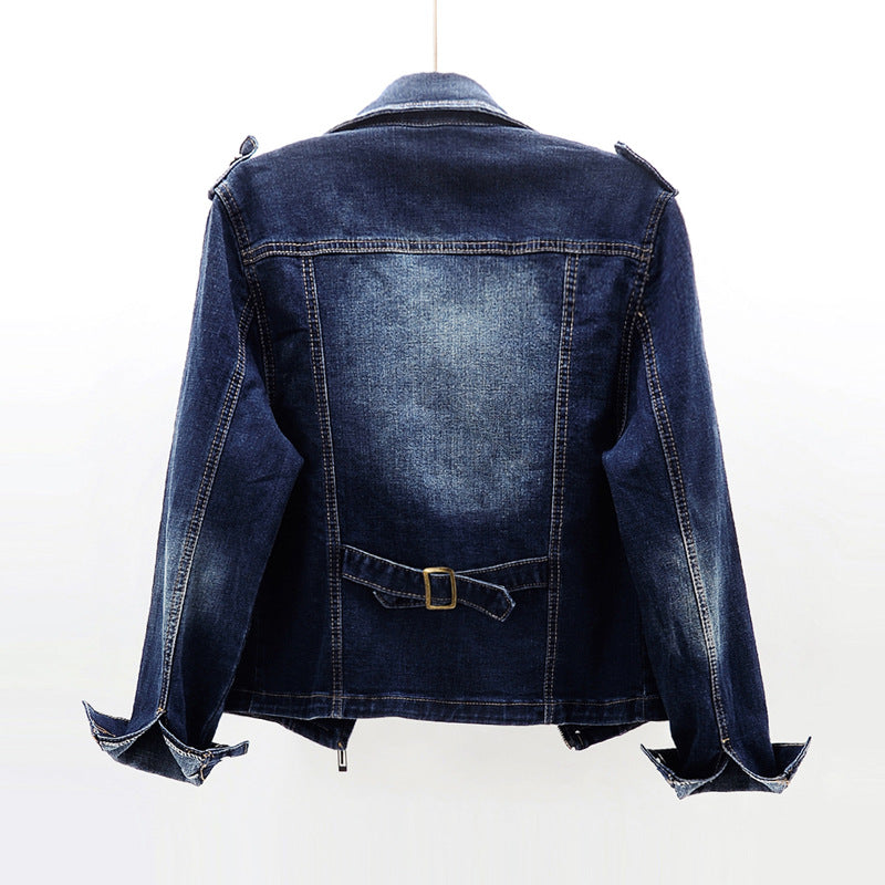 Dames getailleerd spijker-bikerjack met asymmetrische rits en reverskraag - kort stretchjack voor casual styling in lente en herfst