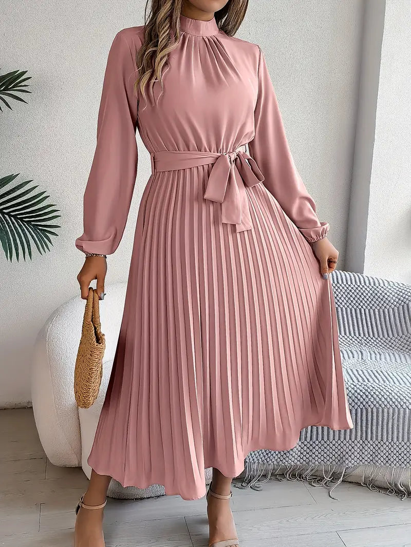 Women’s Pleated Midi Dress with High Neck Tie Waist