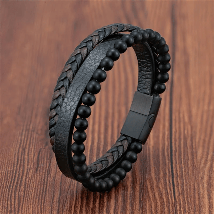 Men’s Layered Leather Bracelet Set – Braided Beaded Wristwear for Everyday Styling