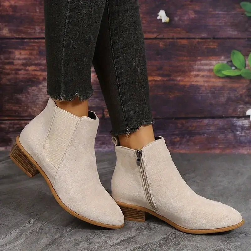 Women’s Suede-Look Ankle Boots – Side-Zip Low Block-Heel Boots for Everyday Autumn and Casual City Wear