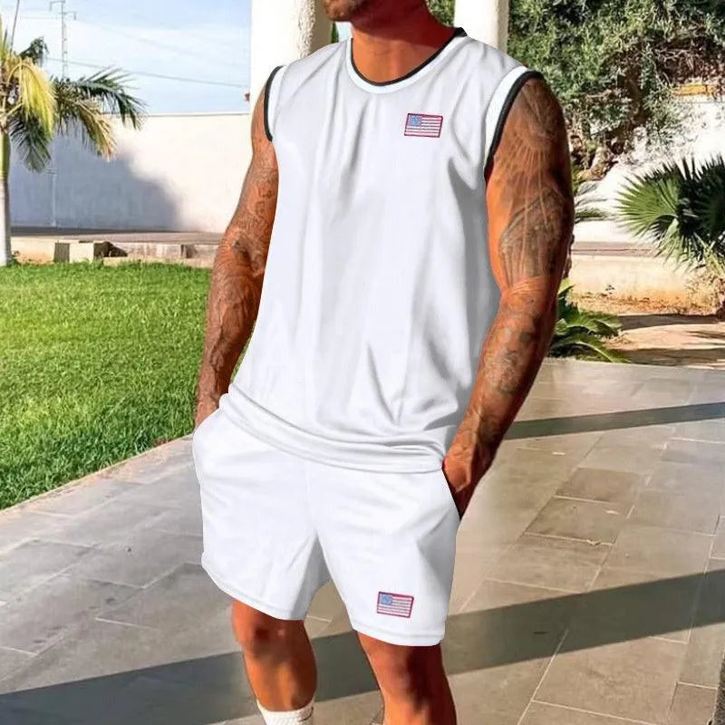 Men’s Sleeveless Two-Piece Sports Set – Contrast-Trim Tank Top with Relaxed Athletic Shorts