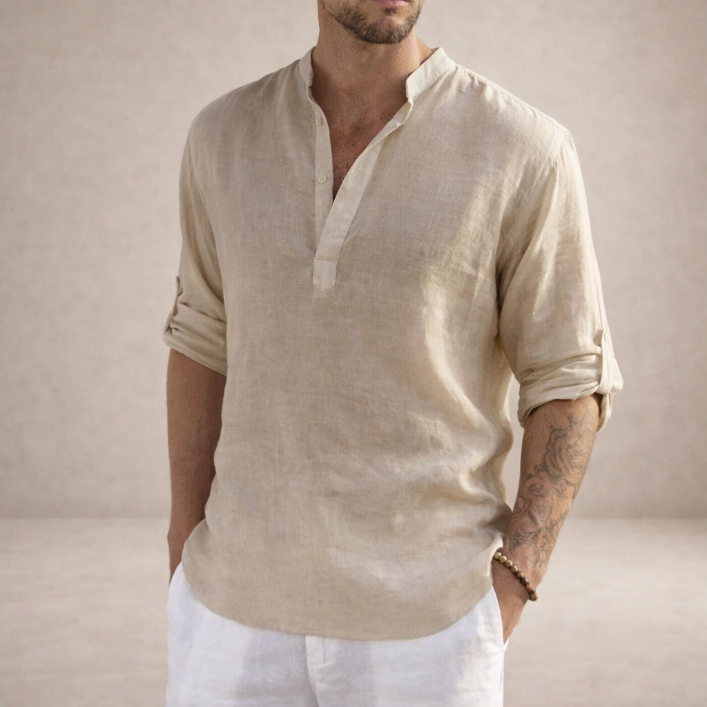 Camicia da uomo in lino con abbottonatura aperta, maniche arrotolate, vestibilità resort