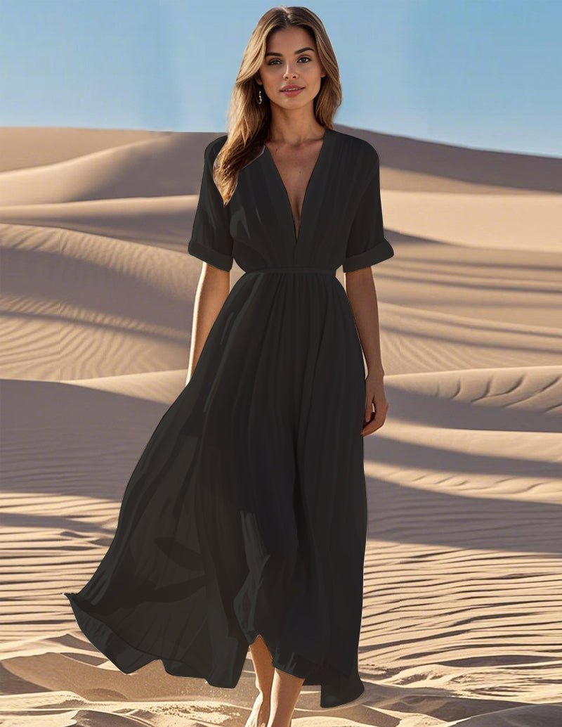 Robe longue pour femme à manches drapées avec décolleté plongeant