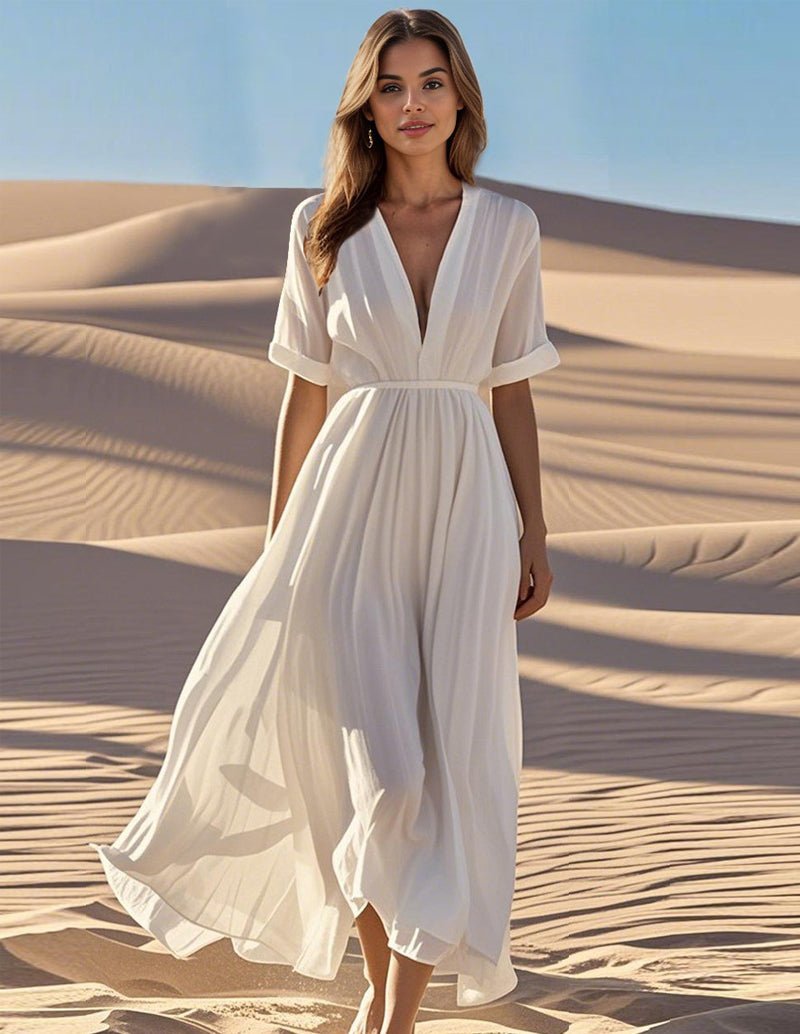 Robe longue pour femme à manches drapées avec décolleté plongeant