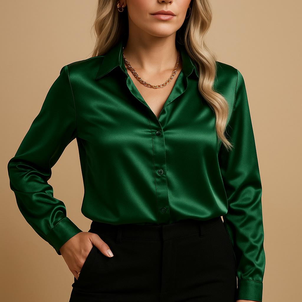 Women’s Satin-Finish Long-Sleeve Blouse – Classic Collared Button-Front Shirt for Office Business Meetings Dinners Evening Events Travel and Elegant Everyday Styling