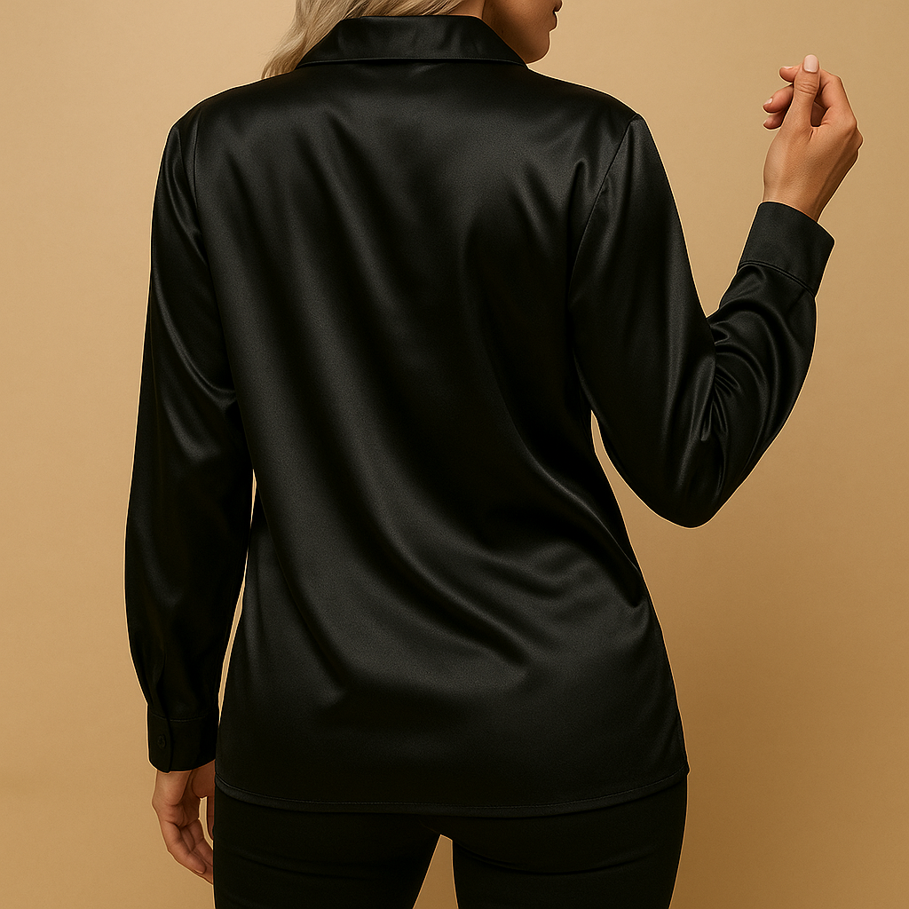 Women’s Satin-Finish Long-Sleeve Blouse – Classic Collared Button-Front Shirt for Office Business Meetings Dinners Evening Events Travel and Elegant Everyday Styling